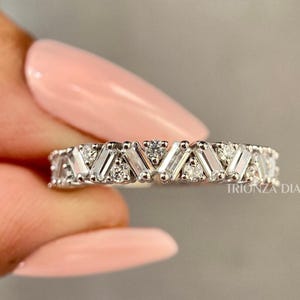 0.56 TCW Baguette and Round Cut Colorless Lab Diamond Wedding Band, Zigzag Wedding Band, Half Eternity Band, Stacking Ring, Anniversary Band