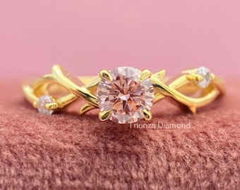 Pink Round Lab Grown Diamond Engagement Ring, Yellow Gold Round Brilliant Solitaire, Twisted Infinity Vine Band With Side Accent Diamonds