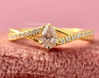0.15 CT Pear Lab Grown Diamond Ring, Yellow Gold Solitaire Ring, Split Shank Bypass Band, Teardrop Diamond Ring, Engagement Ring For Her