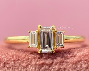 0.20 CT Diamond Engagement Ring, Yellow Gold Three Stone Baguette Cut With Tapered Baguettes, Modern Step Cut Lab Grown Diamonds