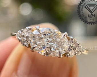 1.75 CT Oval East West IGI Certified D VVS2 Lab Grown Diamond Ring, 14K Yellow Gold 3-Stone Accent Setting Oval Cut Unique Engagement Ring