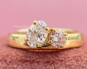 0.70 TCW Diamond Toi Et Moi Ring, 18K Yellow Gold Oval And Round Lab Grown Diamonds, Modern Minimalist Two Stone Prong Setting