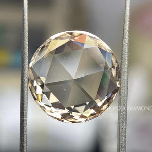 May include: A round, faceted, light brown gemstone held by a pair of tweezers. The gemstone has a high degree of clarity and sparkle.