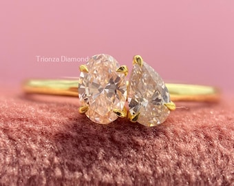 0.50 TCW Pear Oval Toi Et Moi Engagement Ring, 14K Gold Lab Grown Diamond Oval And Pear Cut Dimond, Minimalist Two Stone Claw Prong Ring