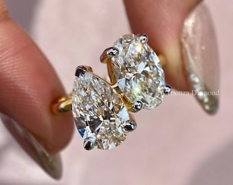4 TCW Oval Pear Cut Toi Et Moi Lab Created Diamond Wedding Ring For Her, IGI Certified Diamonds, Anniversary 14K Gold Ring Present