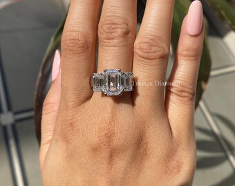Emerald Cut 6ct E Color VVS2 IGI Certified Lab Grown Diamond Emerald Three Stone Engagement Ring 18k White Gold Classic Traditional Style