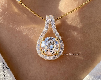 14K Gold Round Cut Lab Grown Diamond Pendant | Drop with Accent Diamonds| Lab Grown Diamond IGI Certified Bridesmaid Pendant Gift For Her