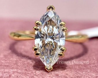 2 Carat Marquise Cut Lab Grown Diamond Solitaire Engagement Ring, D VVS2 IGI Certified Double Claw Prong Proposal Ring in 18K Yellow Gold