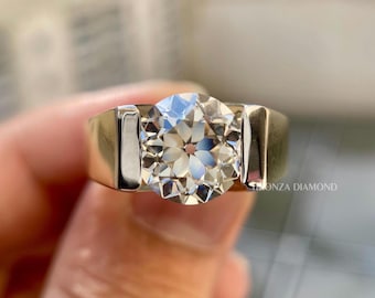 4.0 CT Old European Cut Open Culet Lab Grown Diamond Men&#39;s Ring, Two Tone 10K Solid Yellow Gold Ring, Men&#39;s Lab Created Diamond Ring
