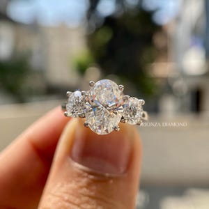 Oval Diamond Three Stone Ring/ Lab Grown Round Diamond Ring/ 18K White Gold Oval Diamond Engagement Ring/Conflict Free Oval Diamond Ring