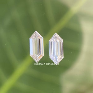 May include: Two clear, faceted, octagon-shaped diamonds on a reflective surface. The diamonds are set in a row, with the text "TRIONZA DIAMONDS" below them.