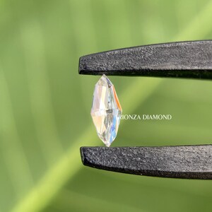 May include: A clear, faceted diamond held by tweezers against a green background. The diamond is a marquise shape and has a brilliant cut. The text "Rionza Diamond" is visible in the image.