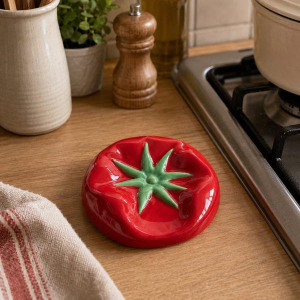 Poggiacucchiaio a forma di pomodoro in ceramica fatta a mano, decorazione per la cucina in stile cottagecore