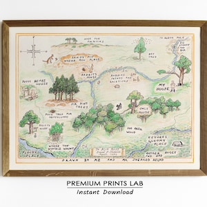 May include: A hand-drawn map of the Hundred Acre Wood from Winnie the Pooh, featuring locations like Pooh Bear's house, Rabbit's house, Owl's house, and the Sandy Pit. The map is drawn in pencil and colored with watercolor. The text on the map reads "Drawn by me and Mr. Shepard helped."