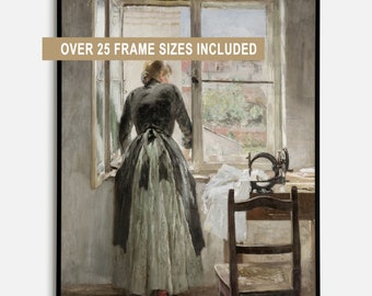 Antique Print Woman Window Oil Painting PRINTABLE, Vintage Portrait Painting, Sewing Machine Art Print, Victorian Art Digital Downloadable