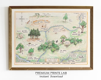 Classic Winnie The Pooh 100 Acre Wood PRINTABLE Map, Winnie the Pooh Baby Shower, One Hundred Acre Wood Print, Kids Room, Pooh Nursery Decor