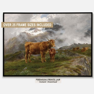 Vintage Highland Cattle Painting, Cows Farm Animals Print, European Landscape Oil Painting, Antique Country Painting Snow Mountain PRINTABLE