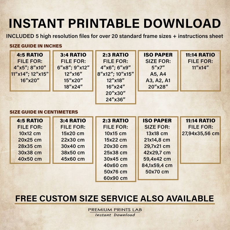 Pu&ograve; includere: Un grafico con una guida alle dimensioni per i download stampabili. Il grafico elenca diversi rapporti di aspetto e dimensioni di cornici standard in pollici e centimetri. Il grafico include anche i formati di carta ISO. Il testo "INSTANT PRINTABLE DOWNLOAD" &egrave; in cima al grafico. Il testo "FREE CUSTOM SIZE SERVICE ALSO AVAILABLE" &egrave; in fondo al grafico.