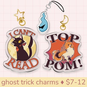 May include: Four acrylic charms featuring a black cat with the text "I can't read", a white ghost, a brown and white dog with the text "Top Pom!" and a gold star. The charms are on a pink and white grid background.