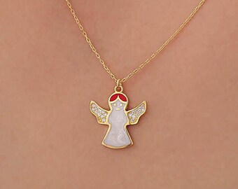 Collar de ángel de la guarda con esmalte blanco: collar de plata de ley 925, regalo de Navidad
