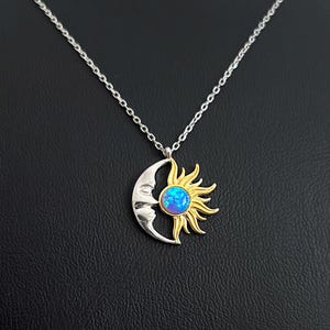 Opal Stone Sun and Moon Silver Necklace, Sun Moon Pendant, Spiritual Necklace, Crescent Moon, Opal Stone Moon Necklace sterling silver gift