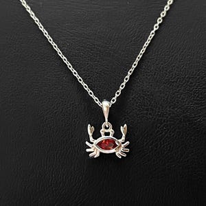 Sterling Silver Crab Necklace with Ruby Stone, Minimalist Crab Necklace, Crab Pendant, Cancer Zodiac Sign Pendant, Animal Necklace