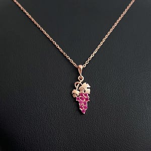 Pink Stone Grape Pendant Necklace: 925K Sterling Silver Fruit Jewelry