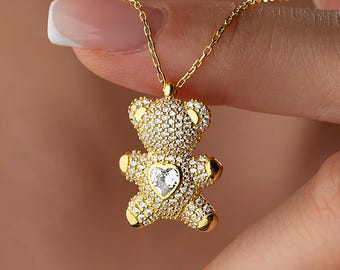 Collier ours en peluche en argent sterling : élégant pendentif amoureux des animaux