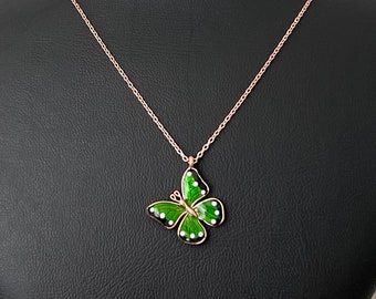 Green Enamel Butterfly Necklace: 925 Sterling Silver Jewelry