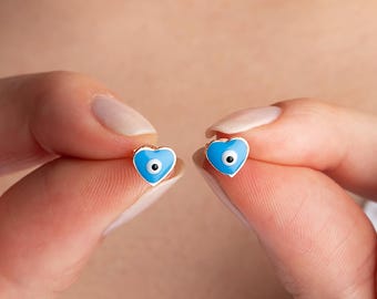 Sterling Silver Blue Evil Eye Enamel Heart Stud Earrings: Good Luck Talisman