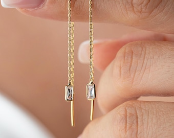 Sterling Silver Baguette Stone Chain Studs: Minimalist Dangling Earrings