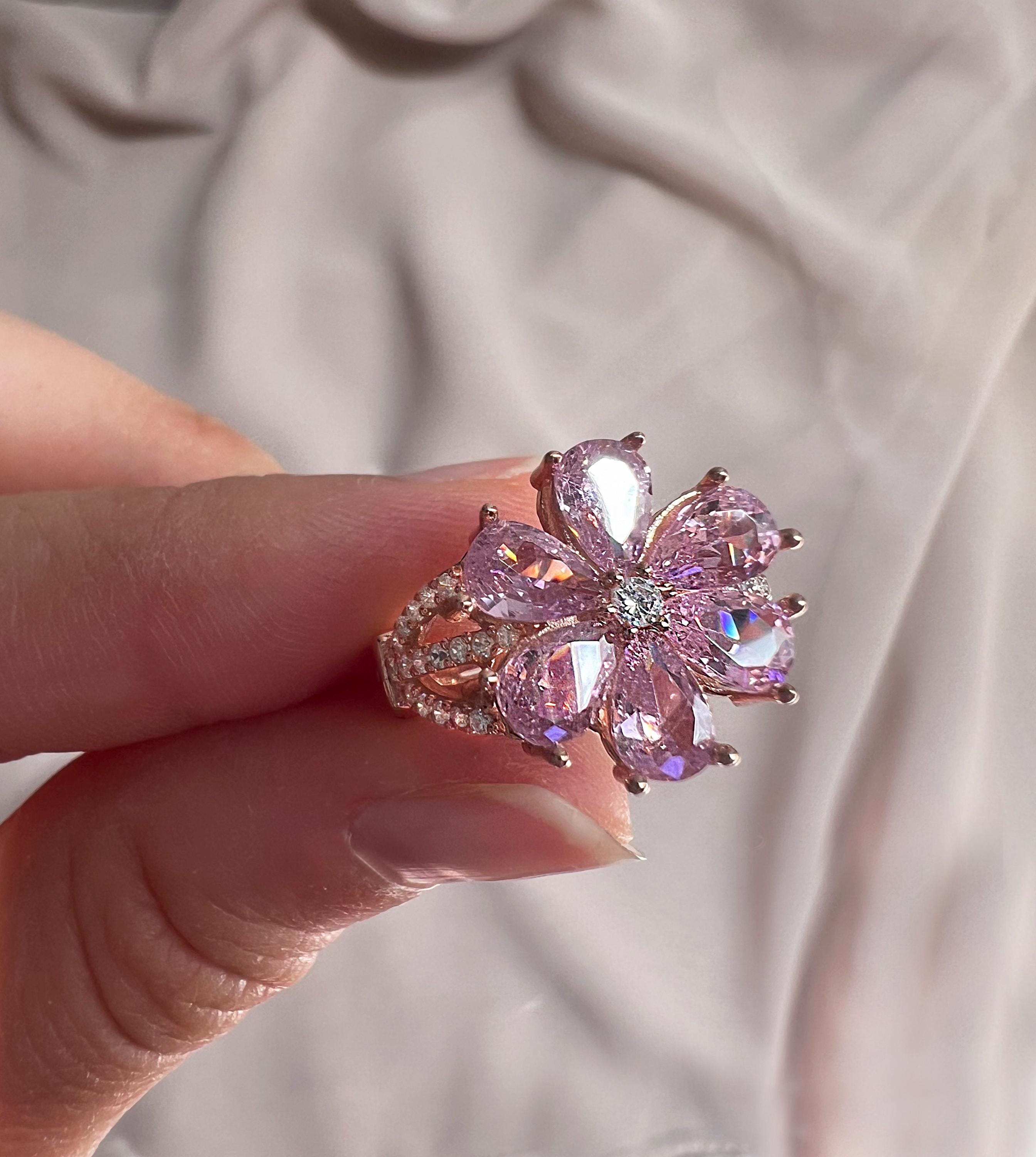 flower ring❤ Rose Quartz Magnolia Flower Ring: Adjustable Sterling Silver - Etsy