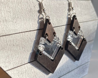 Mirrored dangle earrings | Acrylic and wood earrings | Mirror earrings