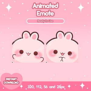 Puede incluir: Emote animado de conejo rosa con una expresión feliz. El emote está disponible en cuatro tamaños: 320, 112, 56 y 28 píxeles.