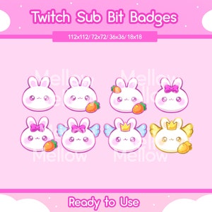 Bunny Sub Bit Badges for Twitch, Cute Rabbit Emotes, Stream Icon, Tiers, Kawaii 8 Pack