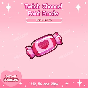 Peut inclure: Un bonbon rose avec un motif en forme de cœur, un émoji de points de chaîne Twitch. Le bonbon est enveloppé dans un papier rose et blanc. Le texte "112, 56 et 28px" est sous le bonbon.