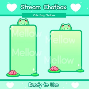 May include: A green chatbox with two cute frog illustrations. The chatbox has a light green background with a white border. The text "Stream Chatbox" is at the top of the chatbox, and the text "Cute Frog Chatbox" is below it. The text "Mellow" is repeated in the background of the chatbox. The text "Ready to Use" is at the bottom of the chatbox.