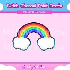 May include: A rainbow with clouds on either side. The rainbow is made up of the colours red, orange, yellow, green, blue, indigo, and violet. The clouds are white. The background is pink.