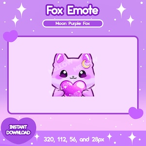 Chibi Fox Emote for Streamer, Kawaii Cute Fox, Emoji, Purple, Crescent Moon, Celestial Kitsune