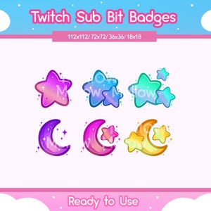 Twitch Sub Badges Star Moon, Bit Badges, Colorful Emote, Cute Sub Badges, Kawaii Moon Badges, Rainbow, Celestial, Space, Crescent