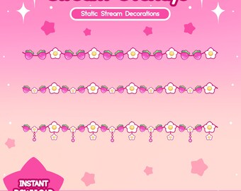 May include: Three pink and white string light decorations with strawberries and flowers. The text "Static Stream Decorations" and "3 String Light Decorations" are visible. The background is pink.