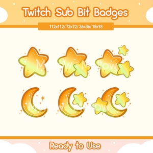 Twitch Sub Badges Star Moon | Bit Badges | Yellow Moon Badges | Cute Sub Badges | Kawaii Moon Badges | Celestial | Space
