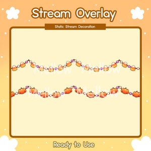May include: Two rows of Halloween decorations with orange pumpkins and candy corn strung on a white beaded garland. The text "Stream Overlay" and "Static Stream Decoration" is at the top of the image. The text "Ready to Use" is at the bottom of the image.