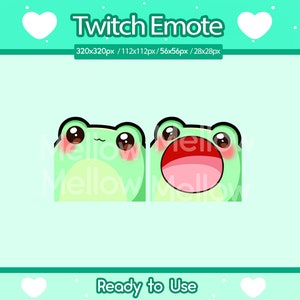 May include: Two green frog emojis with large eyes and blushing cheeks. The frog on the left has a closed mouth, while the frog on the right has its mouth open wide.
