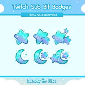 Twitch Sub Badges Star Moon | Bit Badges | Teal Emote | Cute Sub Badges | Kawaii Moon Badges | Celestial Moon | Cresent | Starry
