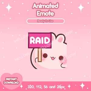 Puede incluir: Emoticono animado de conejo rosa sosteniendo un cartel que dice "RAID" en letras rosas. El emoticono está listo para usar en el chat.