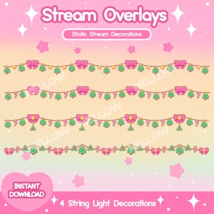 May include: Four string light decorations with pink bows, green Christmas trees, gold stars, and candy canes. The decorations are on a pink and yellow background with white stars.