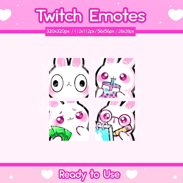 4 Pack Bunny Emotes for Twitch | Cute Emotes | Discord Emotes | Youtube | Stream | White Bunny | Kawaii Rabbit