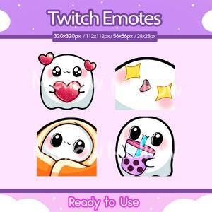May include: Four different Twitch emotes featuring a cute cartoon ghost in various poses. The ghost is white with black eyes and a pink blush. The emotes include the ghost holding a heart, the ghost with stars around its head, the ghost wrapped in a blanket, and the ghost holding a boba tea.