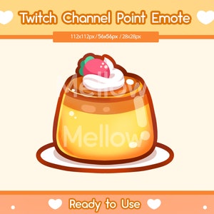 Puede incluir: Una ilustración de dibujos animados de un postre de pudín amarillo con una cobertura de crema batida blanca y una fresa roja en la parte superior. El pudín está en un plato blanco. El texto "Mellow" está escrito en el pudín.